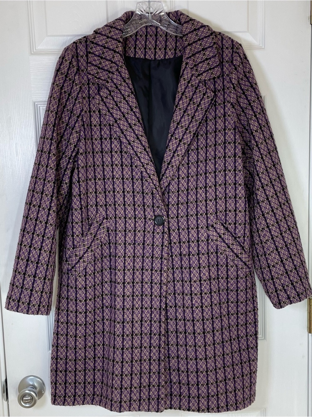 VTG  Purple Black Grid Tweed Blazer Coat Jacket Italian Mid Length Womens Large